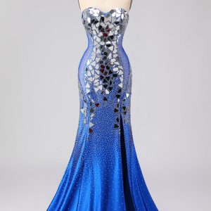 Sparkly Mermaid Royal Blue Strapless Beaded Prom Dress