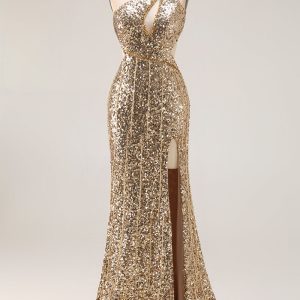 Sparkly Golden Mermaid Cut Out One Shoulder Prom Dress