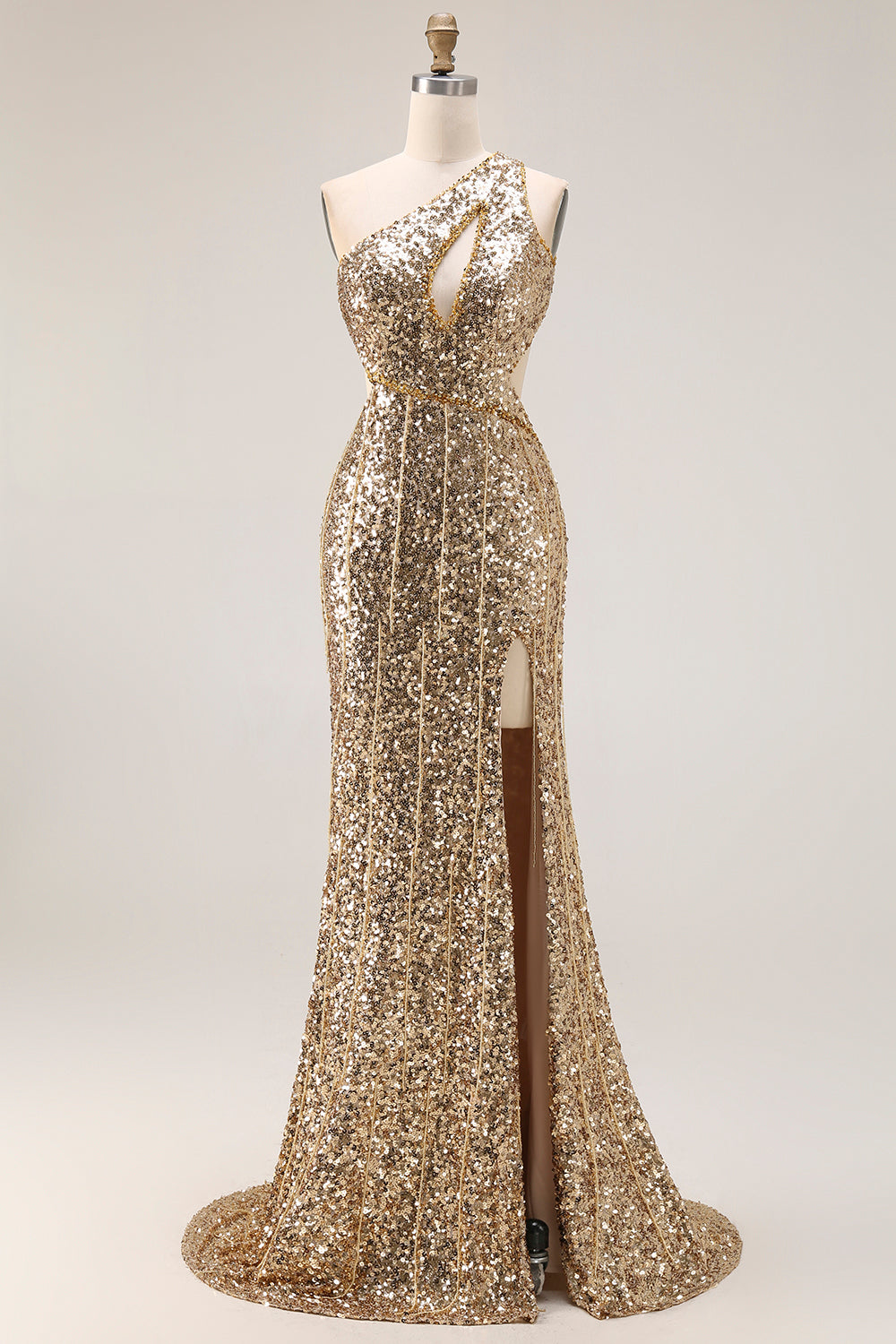 Sparkly Golden Mermaid Cut Out One Shoulder Prom Dress