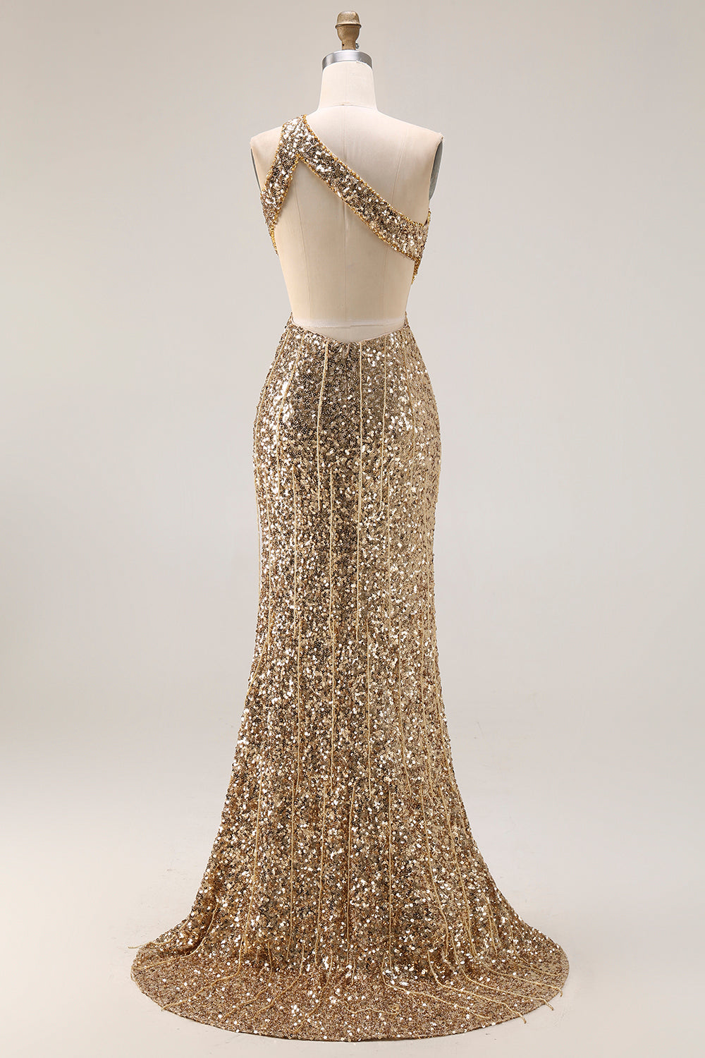 Sparkly Golden Mermaid Cut Out One Shoulder Prom Dress - Image 2