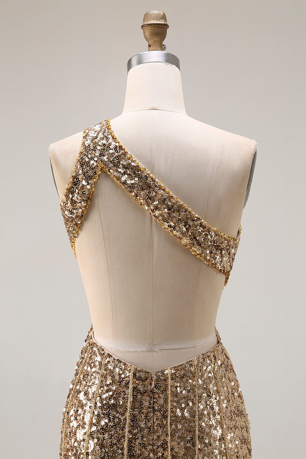 Sparkly Golden Mermaid Cut Out One Shoulder Prom Dress - Image 5