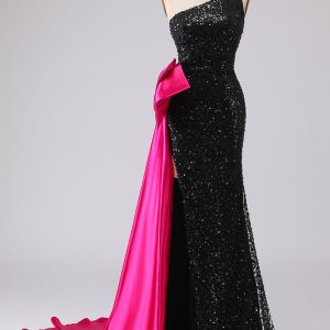 Sparkly One Shoulder Black Prom Dress with Bow