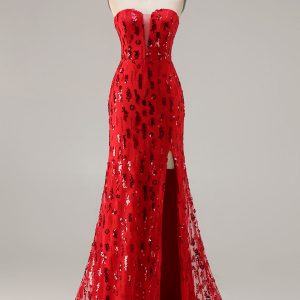 Sparkly Red Mermaid Strapless Maxi Prom Dress With Slit