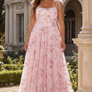 Sparkly Pink Floral Corset Plus Size A Line Prom Dress