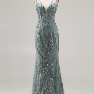 Sparkly Grey Green Beaded Spaghetti Straps Mermaid Prom Dress