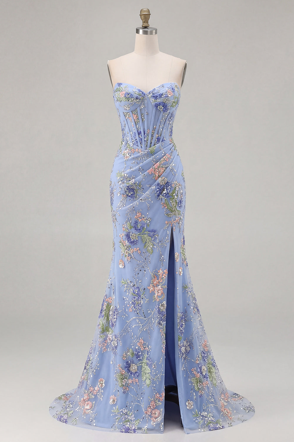 Sparkly Pink Floral Mermaid Strapless Corset Prom Dress - Image 14
