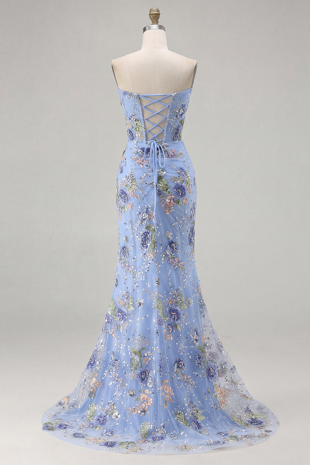 Sparkly Pink Floral Mermaid Strapless Corset Prom Dress - Image 15