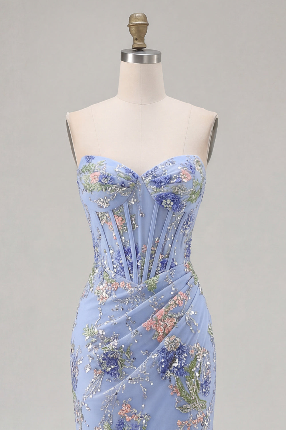 Sparkly Pink Floral Mermaid Strapless Corset Prom Dress - Image 16