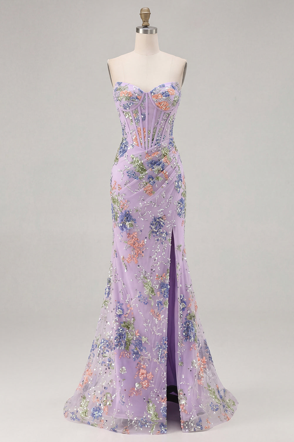 Sparkly Pink Floral Mermaid Strapless Corset Prom Dress - Image 18