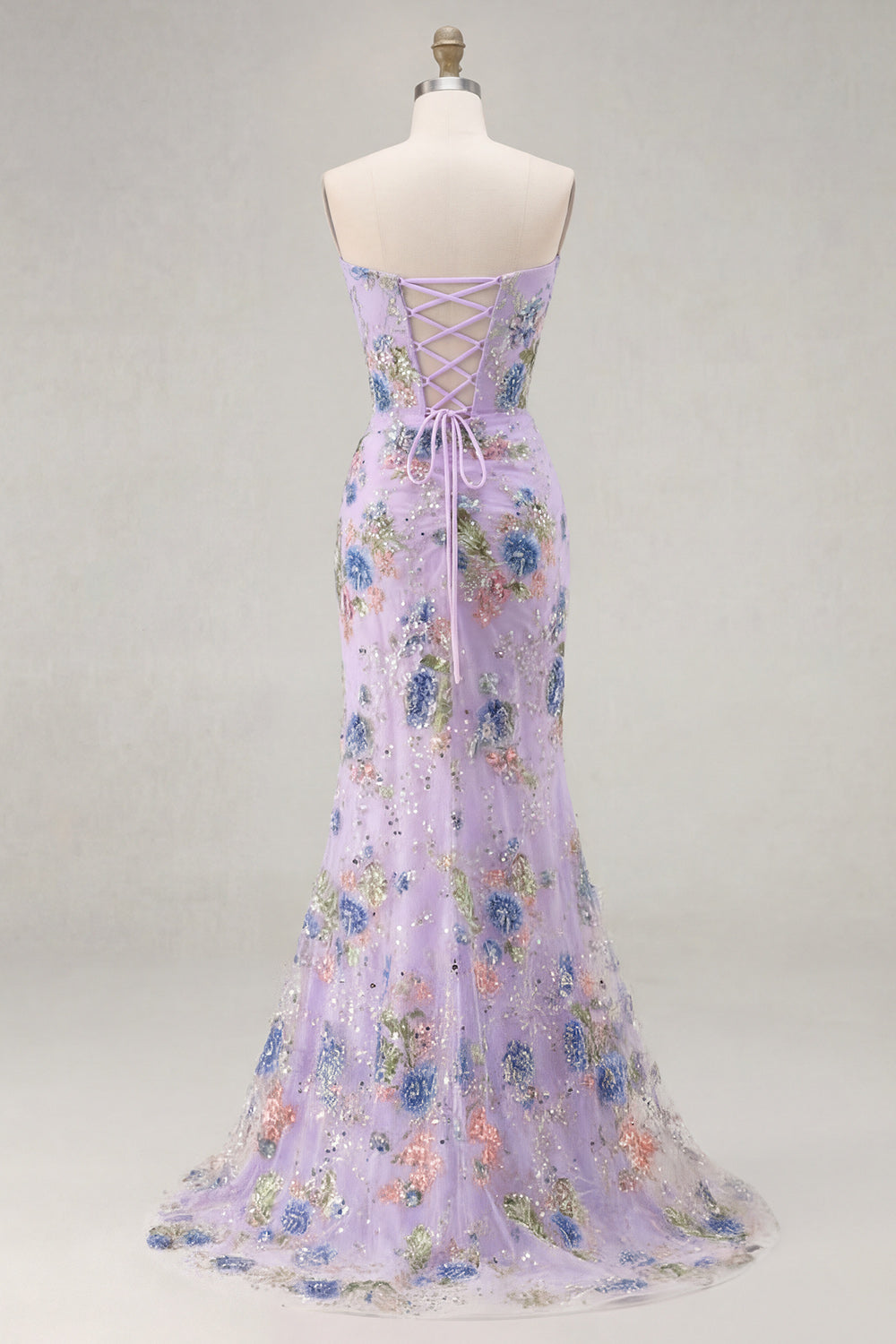 Sparkly Pink Floral Mermaid Strapless Corset Prom Dress - Image 19