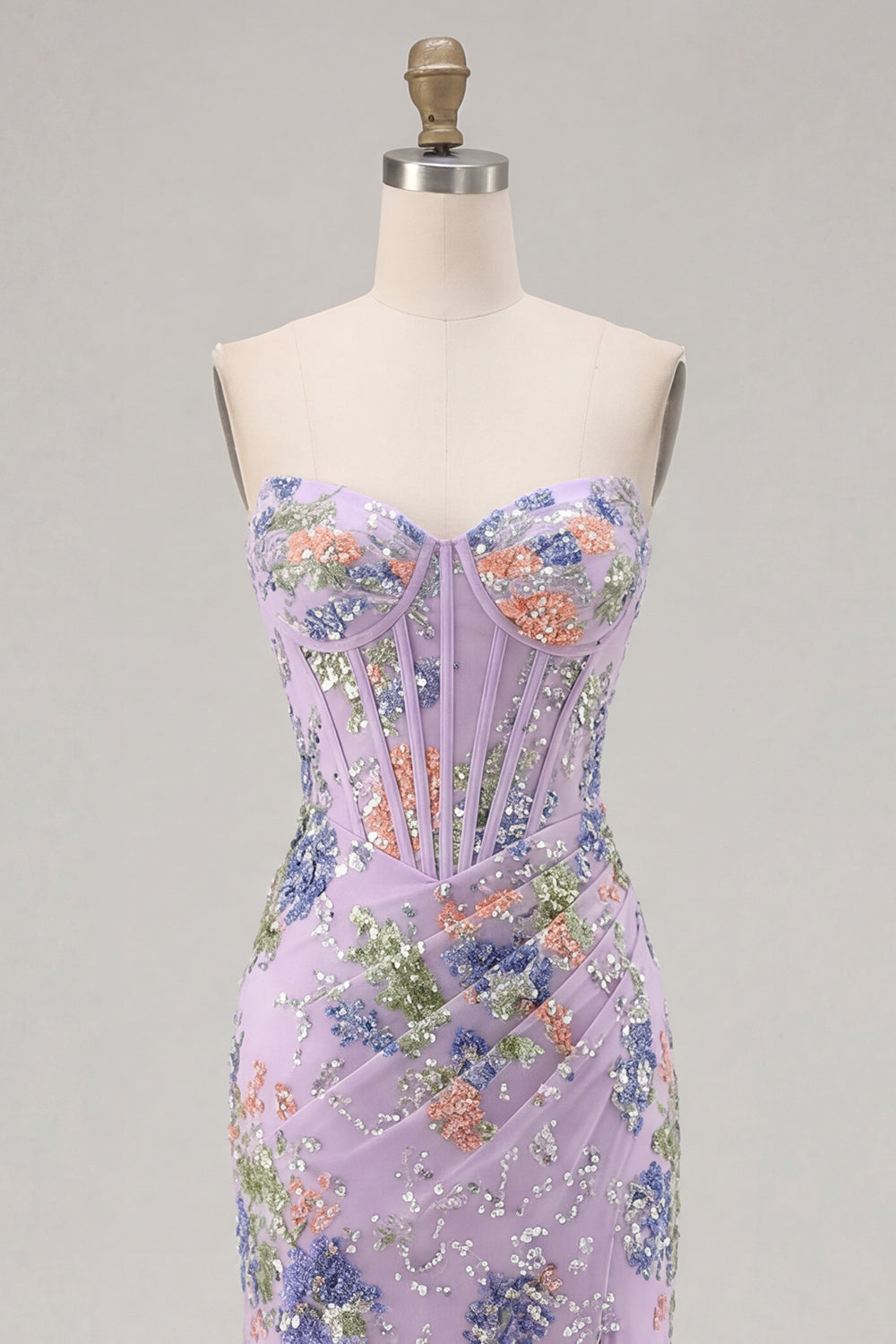 Sparkly Pink Floral Mermaid Strapless Corset Prom Dress - Image 20
