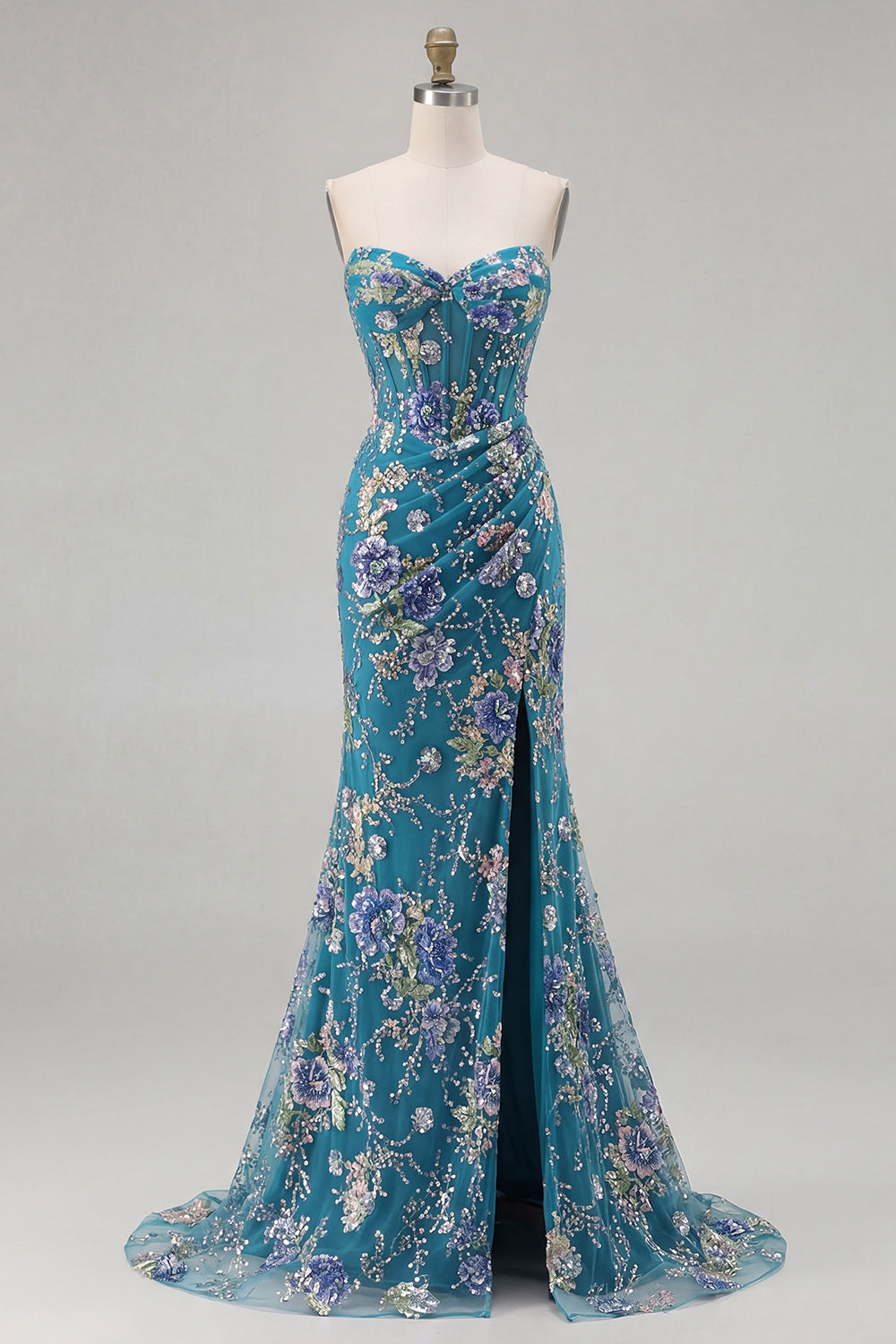 Sparkly Pink Floral Mermaid Strapless Corset Prom Dress - Image 22