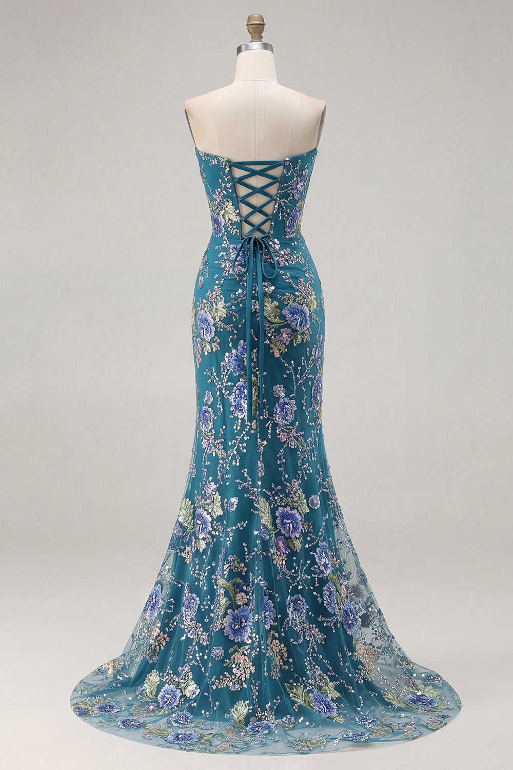 Sparkly Pink Floral Mermaid Strapless Corset Prom Dress - Image 23