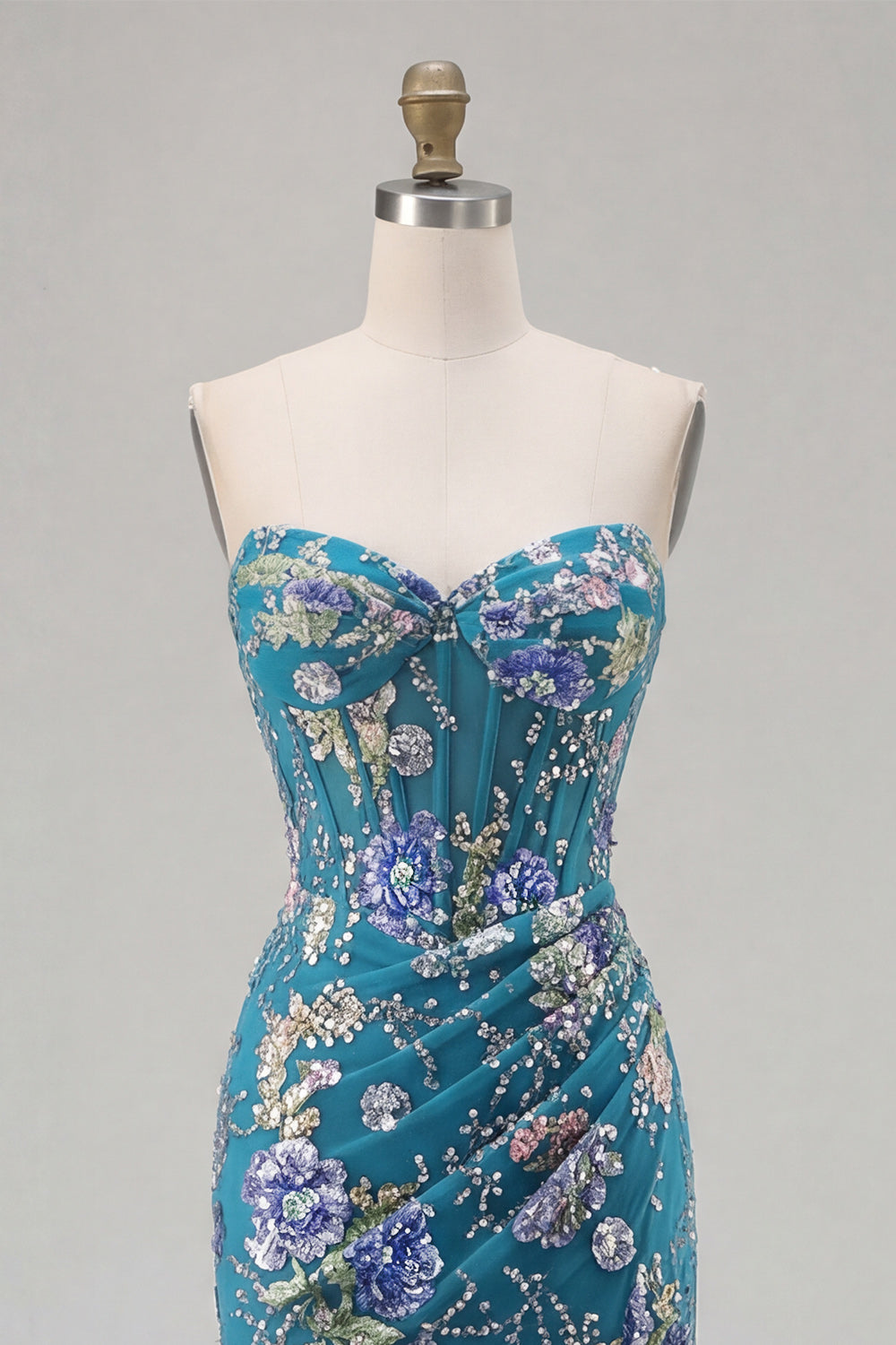 Sparkly Pink Floral Mermaid Strapless Corset Prom Dress - Image 24