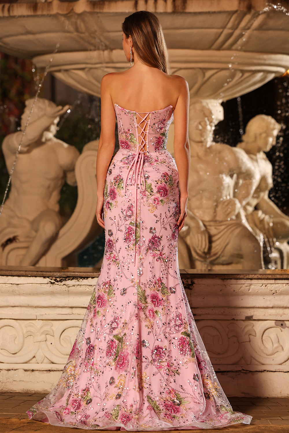 Sparkly Pink Floral Mermaid Strapless Corset Prom Dress - Image 2