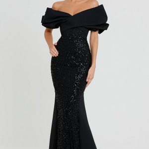 Sparkly Mermaid Off The Shoulder Maxi Black Tie Dress