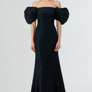 Sparkly Off The Shoulder Mermaid Black Tie Dress With Puff Sleeves