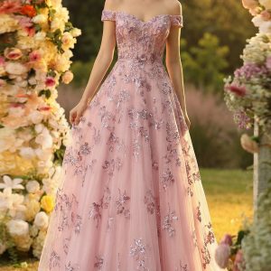 Sparkly Off the Shoulder A Line Tulle Blush Corset Prom Dress