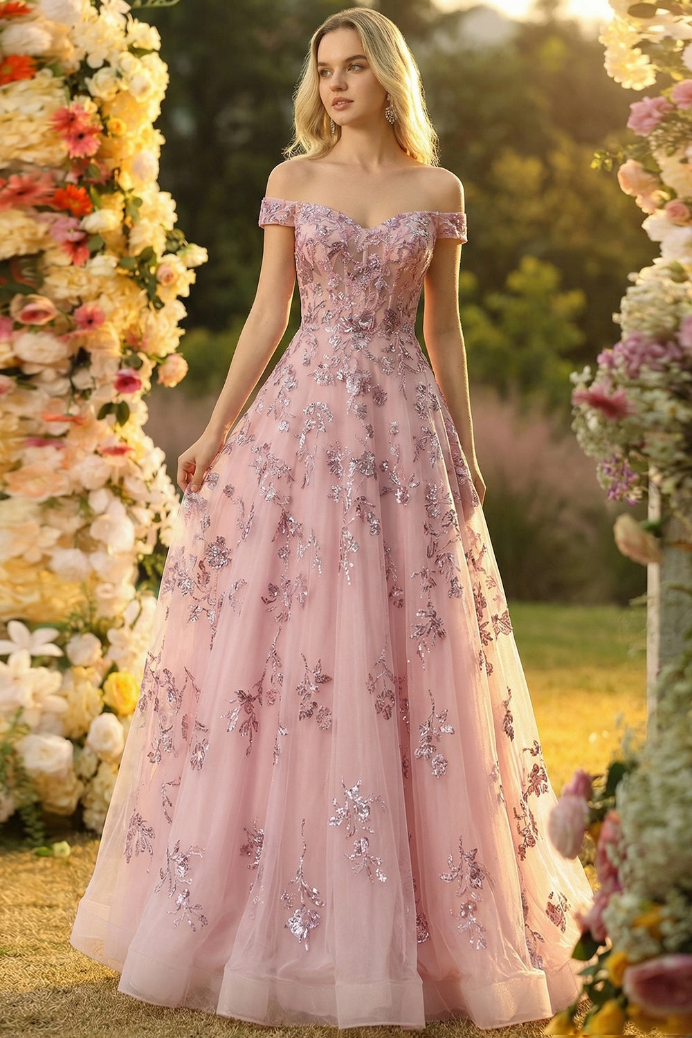 Sparkly Off the Shoulder A Line Tulle Blush Corset Prom Dress