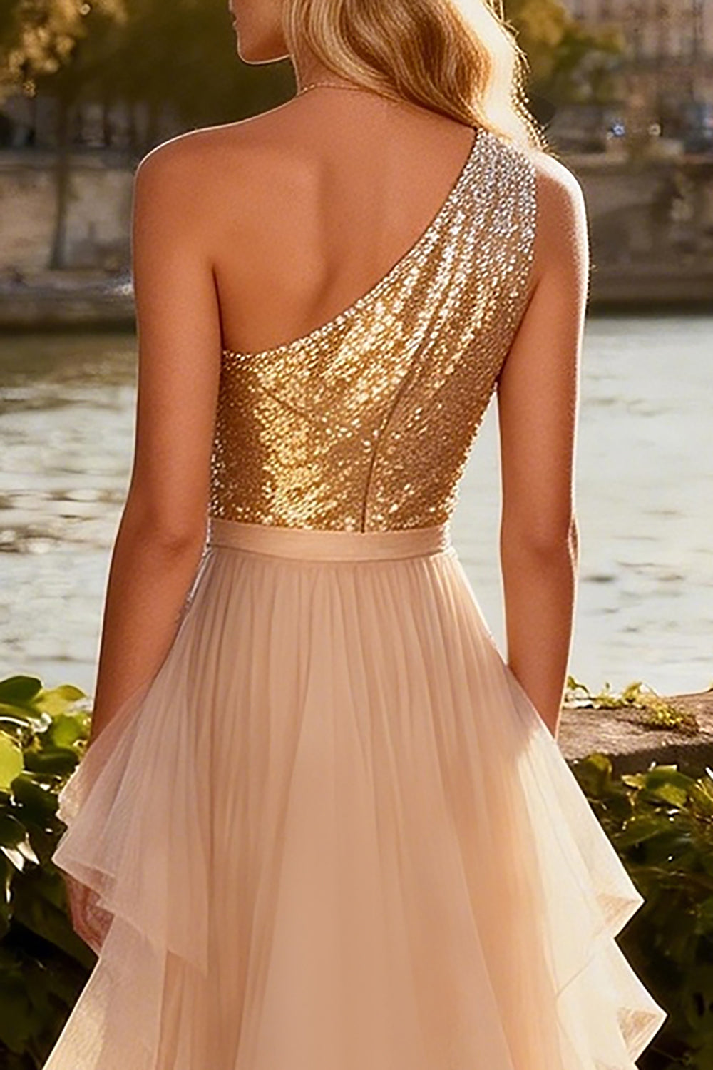 Sparkly Gold One Shoulder Mermaid Prom Dress With Ruffles - Image 4