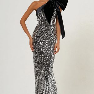 Sparkly Light Grey One Shoulder Mermaid Formal Dress With Bow
