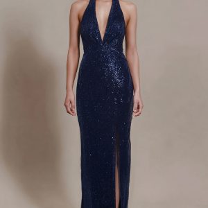 Sparkly Navy Sheath Halter Long Formal Dress With Slit
