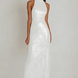 Sparkly Halter Sheath Maxi White Dress