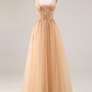 Sparkly Peach Beaded A Line Prom Dress