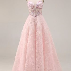 Sparkly Pink A Line Strapless 3D Flowers Prom Dress