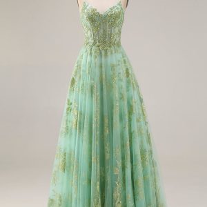 Sparkly Green Corset A Line Maxi Prom Dress