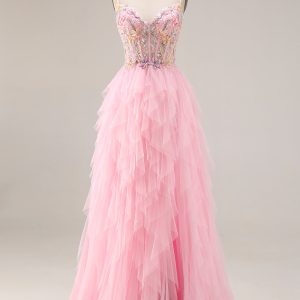 Sparkly Pink Corset Ruffled Beaded Prom Dress