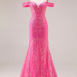 Sparkly Off the Shoulder Appliqued Fuchsia Prom Dress