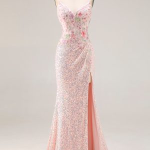 Sparkly Pink Beaded Mermaid Corset Prom Dress