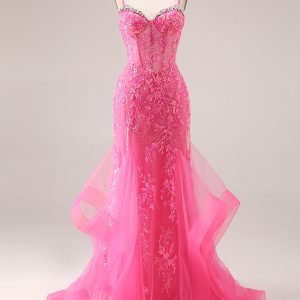 Sparkly Mermaid Corset Fuchsia Prom Dress with Ruffles