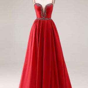 Sparkly Red A Line Pleated Maxi Prom Dress