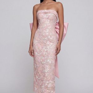 Sparkly Pink Strapless Floral Wedding Guest Dress with Bow