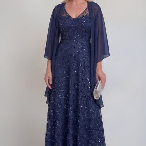 Sparkly Navy A Line V Neck Maxi Mother of the Bride Dress