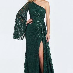 Sparkly One Shoulder Appliqued Dark Green Mother of the Bride Dress