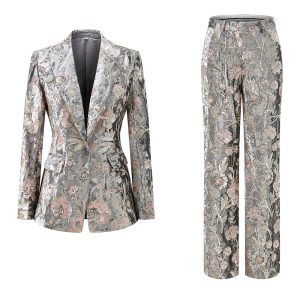 Sparkly Grey 2 Piece Floral Peak Lapel Women Prom Suit