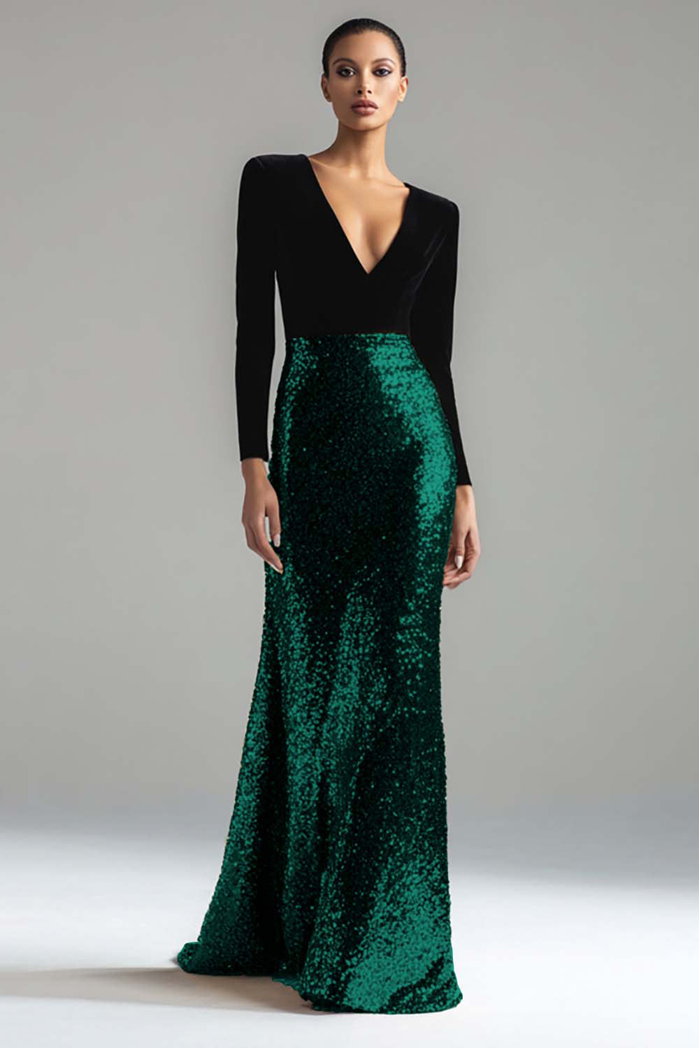 Sparkly Gold and Black Velvet Long Sleeve V-Neck Formal Dress - Image 6