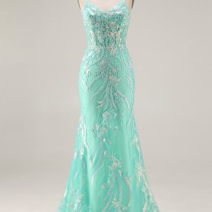 Sparkly Mint Green Mermaid Maxi Prom Dress with Appliques