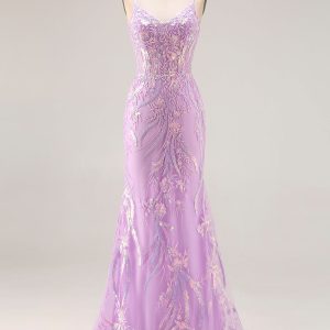 Sparkly Purple Mermaid Appliqued Maxi Prom Dress
