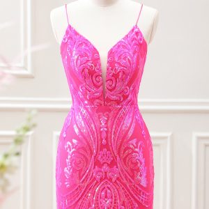 Sparkly Hot Pink Sequined Bodycon Mini Dress with Lace up Back