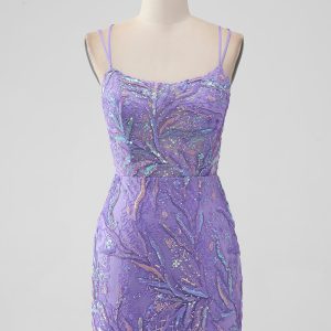 Sparkly Lilac Tight Sequins Appliques Mini Dress with Slit