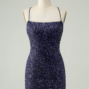 Sparkly Navy Sequins Tight Mini Dress With Fringes